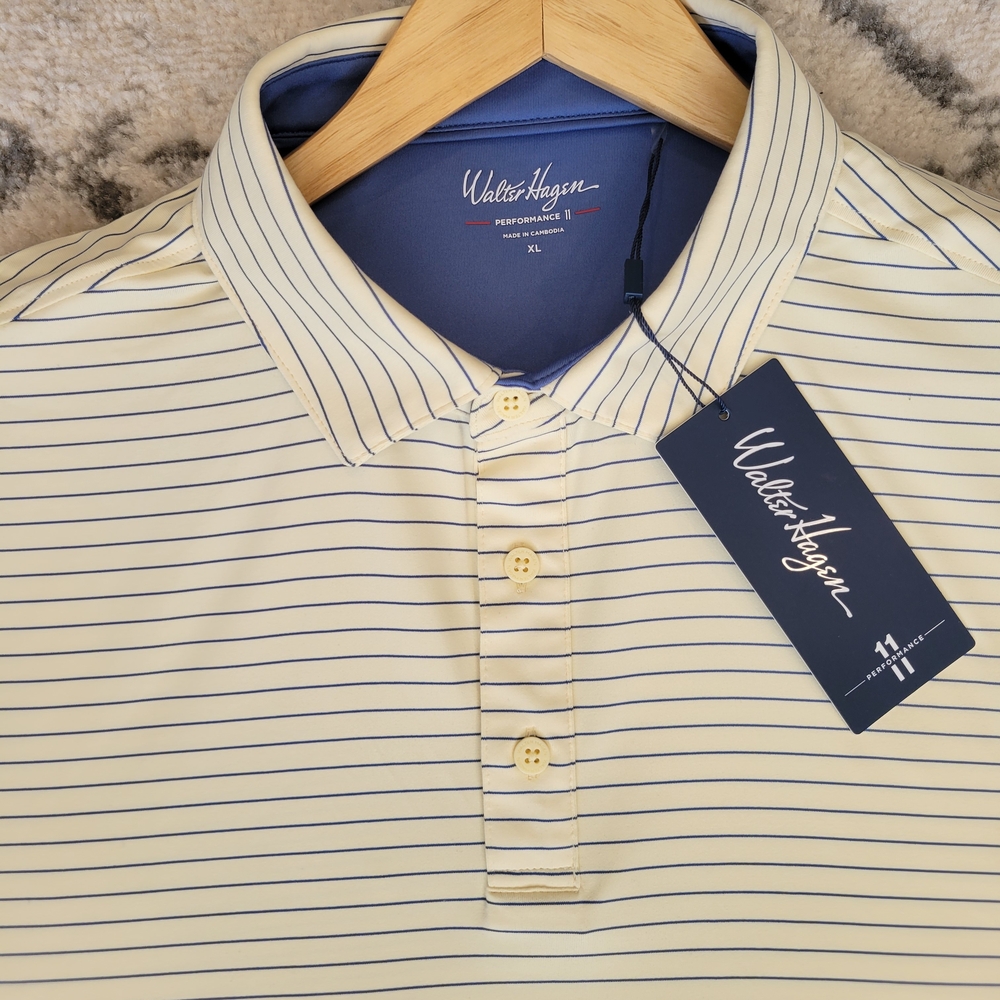 Walter Hagen Men's Cream and Blue Striped Polo Shirt